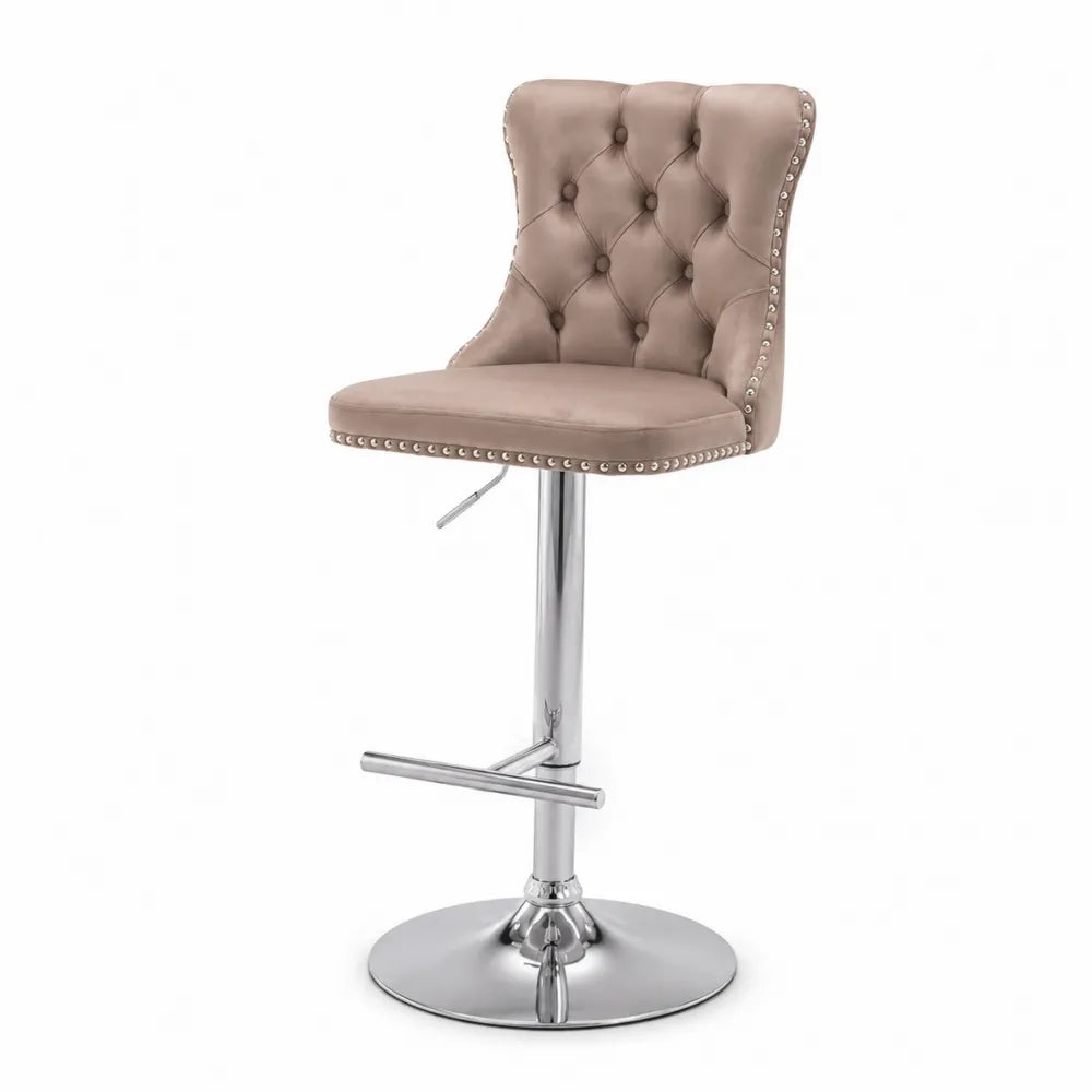 Samt Barhocker mit verchromtem Stahlfuß höhenverstellbar Beige