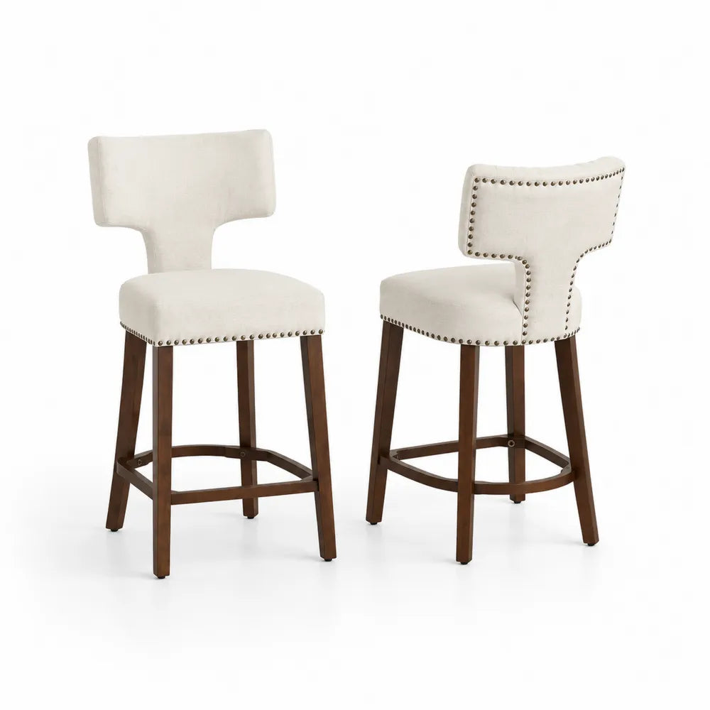 Barhocker Set Leinenstoff Creme Massivholz