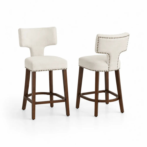 Barhocker Set Leinenstoff Creme Massivholz