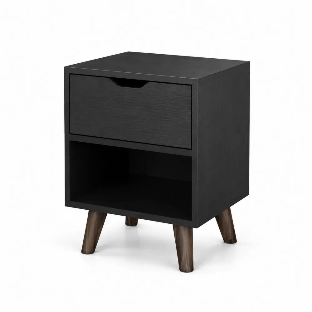 Schwarzer Nachttisch mit MDF und Massivholzbeinen