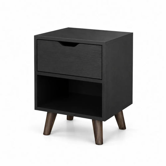Schwarzer Nachttisch mit MDF und Massivholzbeinen